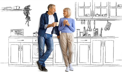 PIA Älteres Paar trinkt Kaffee in der Küche